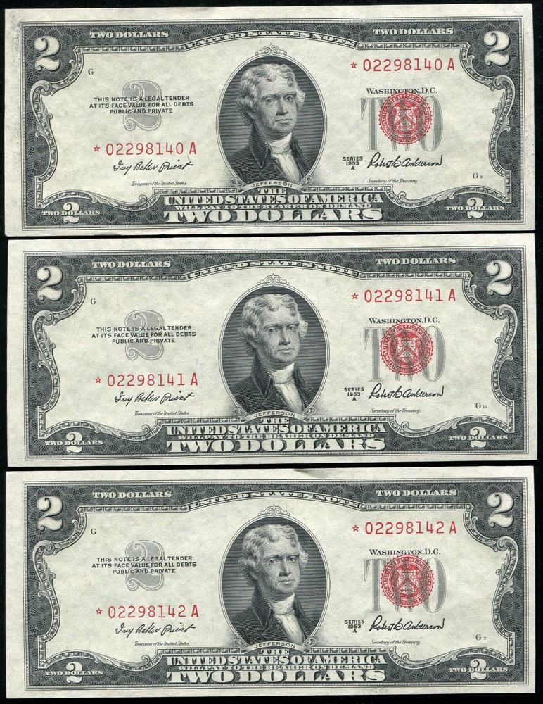(3) CONSECUTIVE 1953-A $2 TWO DOLLARS *STAR* USN UNITED STATES NOTES GEM UNC