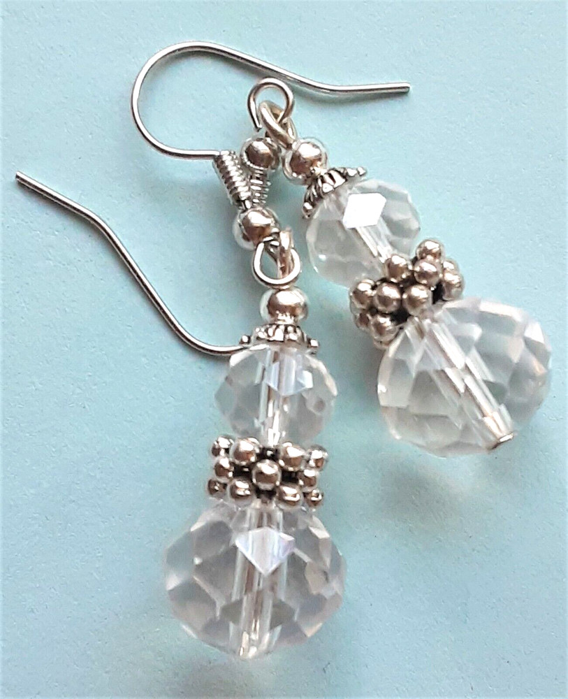 double CLEAR Faceted CRYSTAL earring SP FISH HOOK handcrafted #PCL