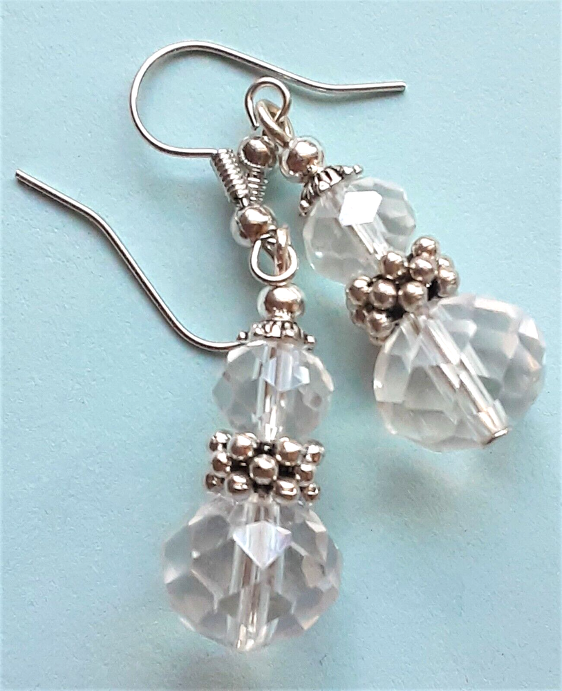 double CLEAR Faceted CRYSTAL earring SP FISH HOOK handcrafted WPCF12