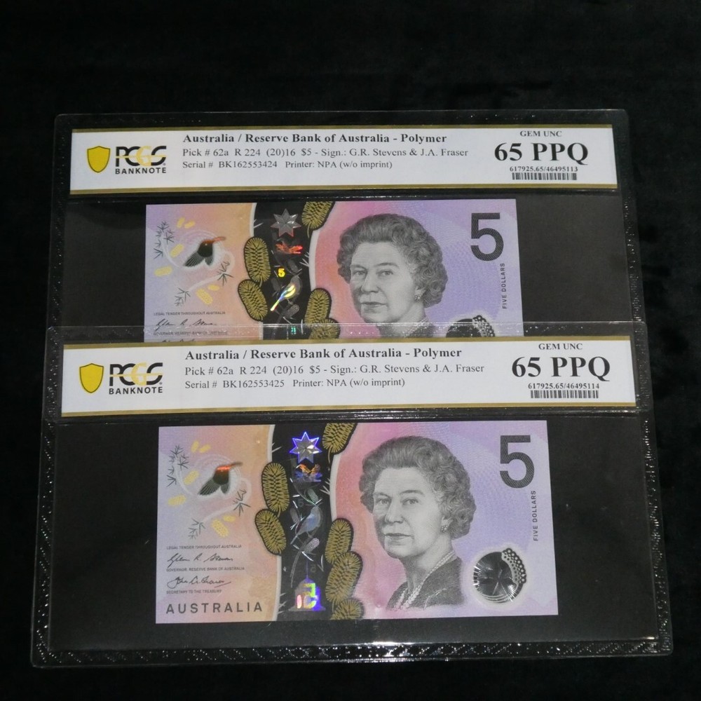 Australia 2016 $5 Consecutive Pair Stevens Fraser Banknotes PCGS 65PPQ #5114