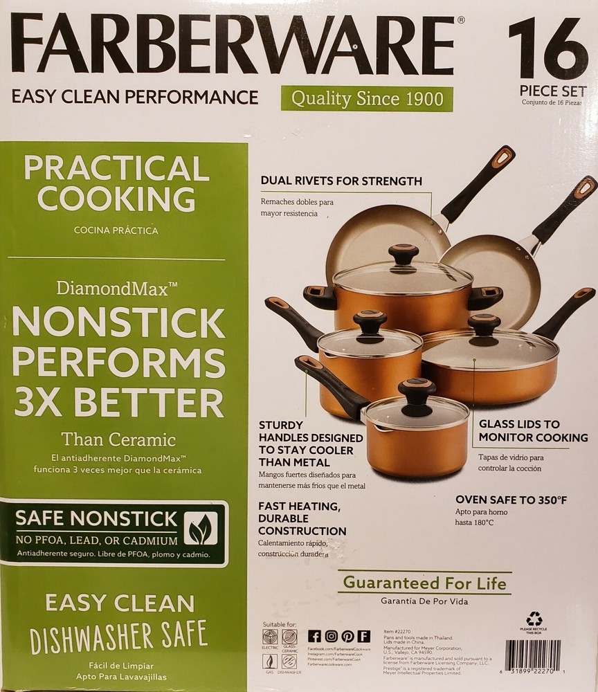 Farberware Nonstick Pots and Pans 16 Piece Cookware Set + 6 Tools Color - Copper