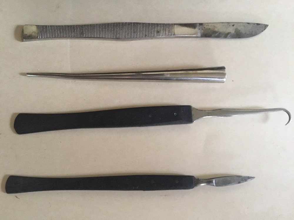 2 ANTIQUE BAUSCH & LOMB EBONY HANDLE TOOLS W/CASE PLUS TWO INSTRUMENTS, 4 TOTAL