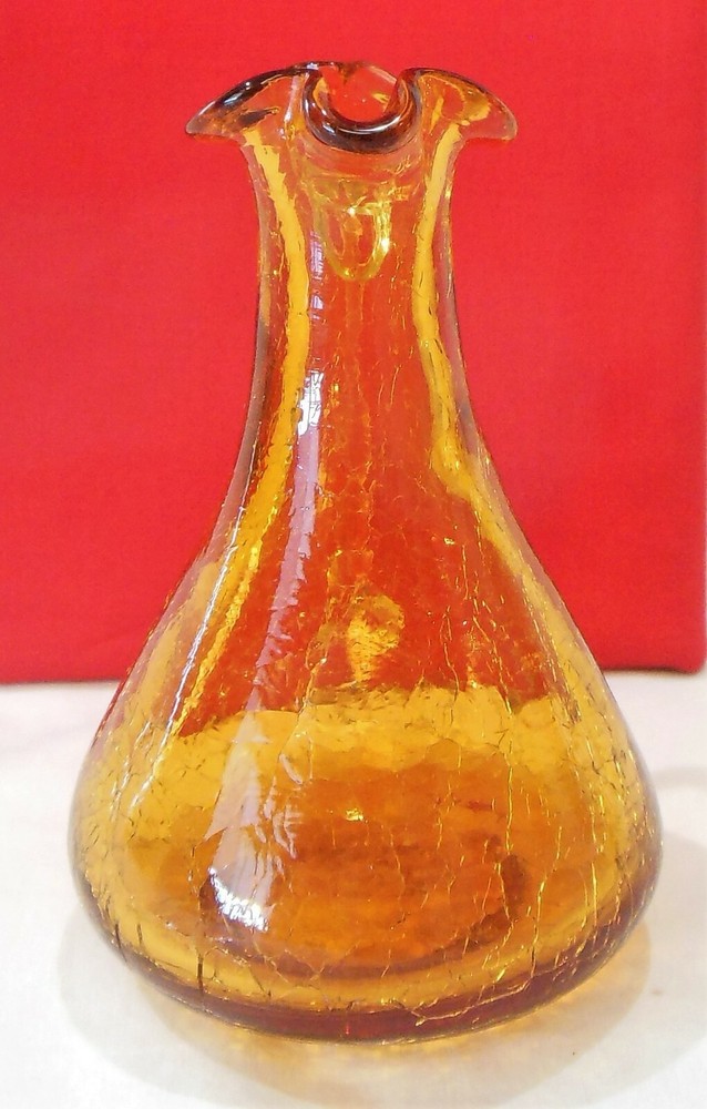 Amber Gold Crackle Glass Mini Pitcher Creamer Applied Clear Handle