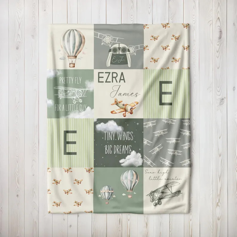Personalized Airplane Baby Blanket Custom Name Shower Gift Newborn Boy