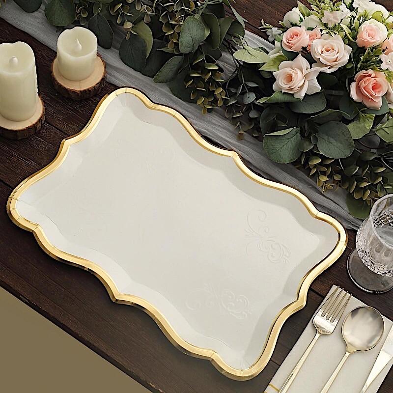 WHITE 10 Rectangle 14" Paper SERVING TRAYS Scroll Design Gold Rim Party Events