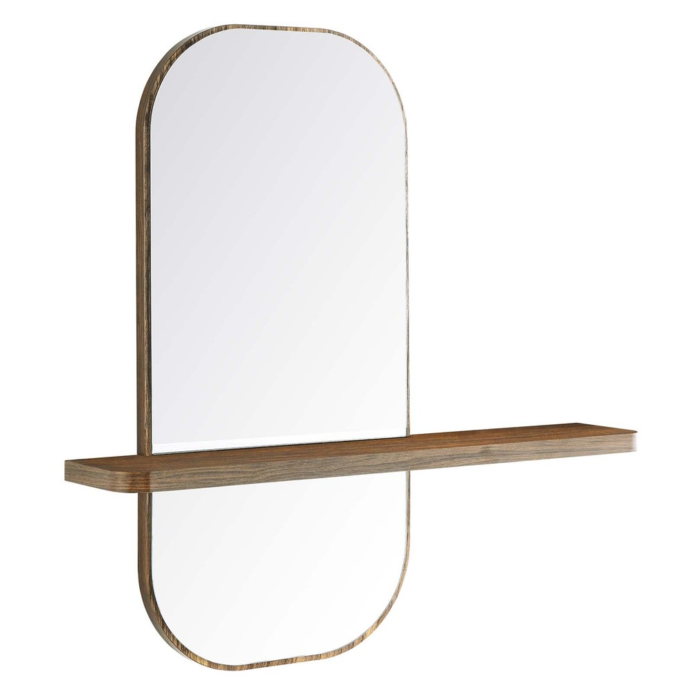 Modway Solstice Hanging Wall Wood Grain Rectangular Mirror in Walnut With Shelf