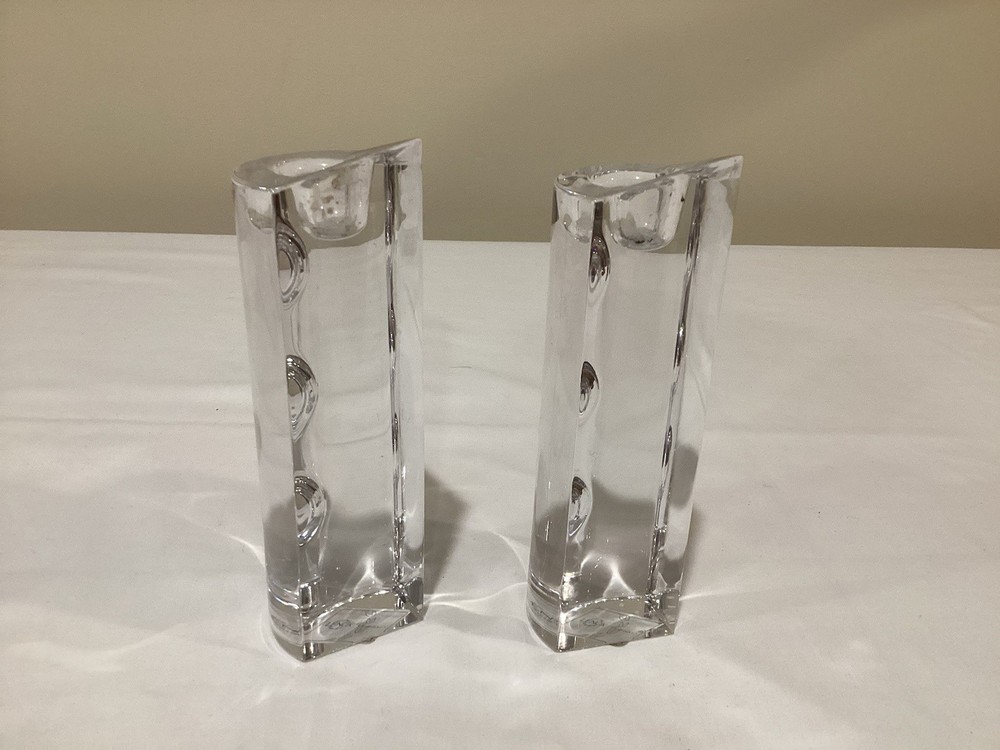 Pair Lenox Ovation Moonlight 6” Candlesticks, Crystal Curved Triangles, Austria