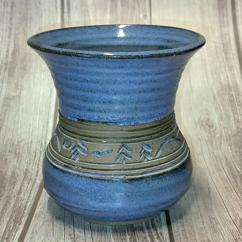 Groundhog Blues Etched Pottery Handmade Bowl Signed - Drain Hole Planter Ready