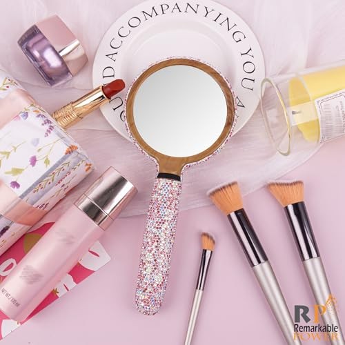 , 1 Pack Bling Handheld Mirror Crystal Cosmetic Dazzling Portable Handle for