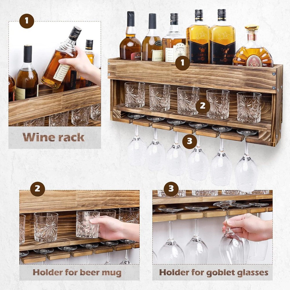 Wood Wine Storage Display Holder Rack Wall Mount Alcohol Shelf w/Stemware Holder