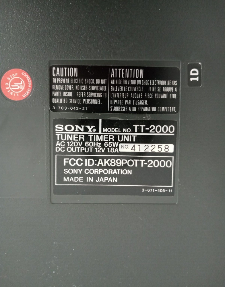 Vintage Programmable Betamax Portable Tuner Timer Unit Sony TT-2000 Untested