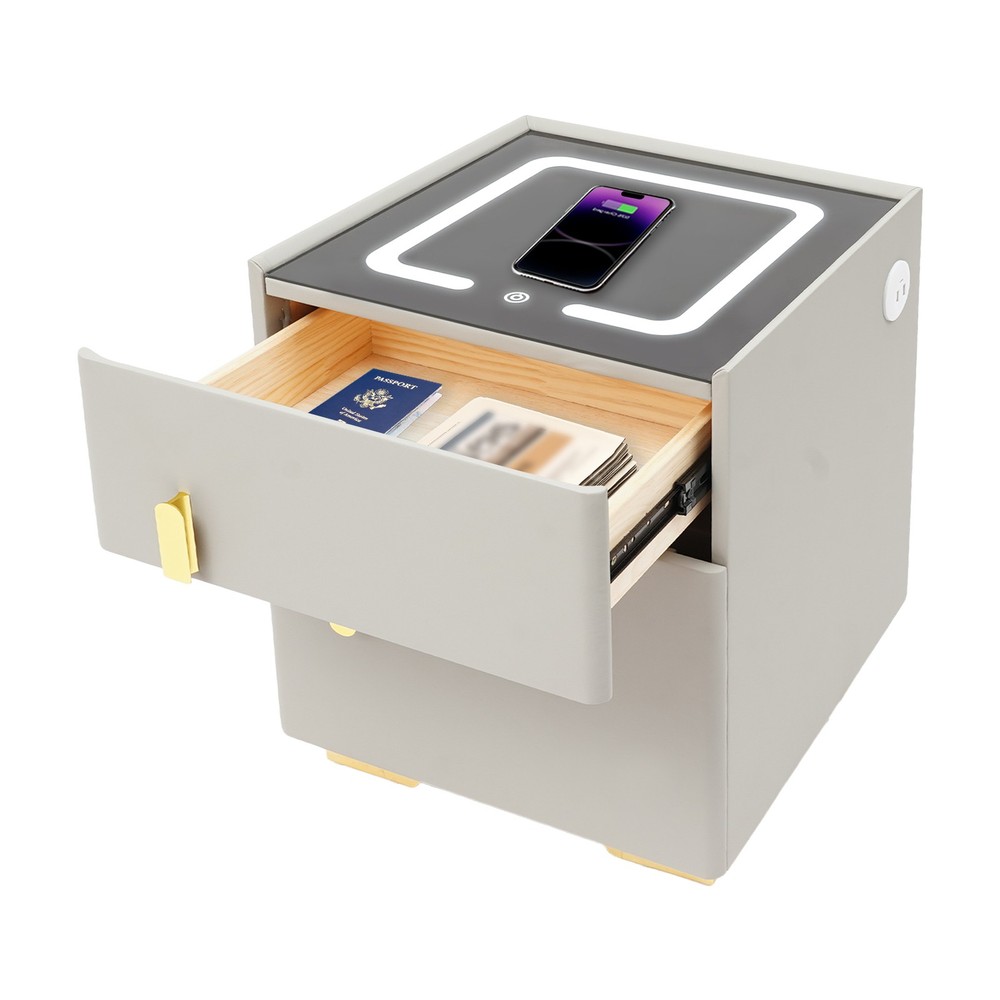 Phone Charging Bedside Cabinet, Grey, Bedside Table with Safe+Combination Lock