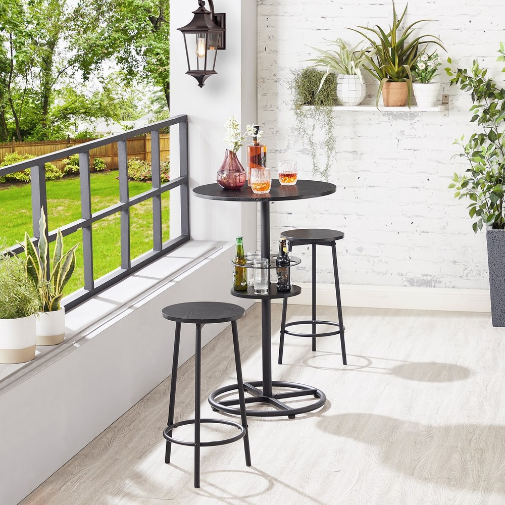 3 Piece Bar Table +2 Stools Set Round Wine Rack Table Outdoor Dining Kitchen Pub