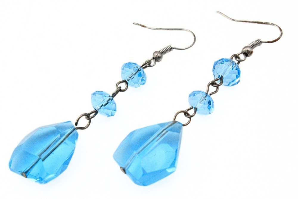 Assymetric Blue Faceted Glass Drop Dangle Earrings