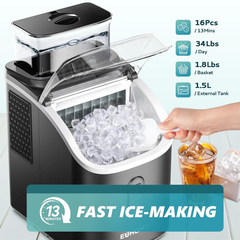 Ice Cube Maker Machine Countertop with External Water Tank, 2 Ways to Add Wat...