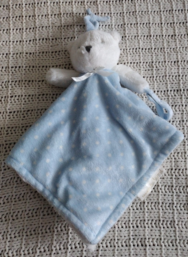 Blankets & Beyond Bear Lovey White Blue Blanket Polka Dot Pacifier Holder