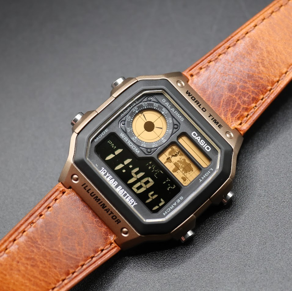 CASIO AE-1200WHD. Royale Watch Mod. Gold Filter. Leather Strap. Negative Display