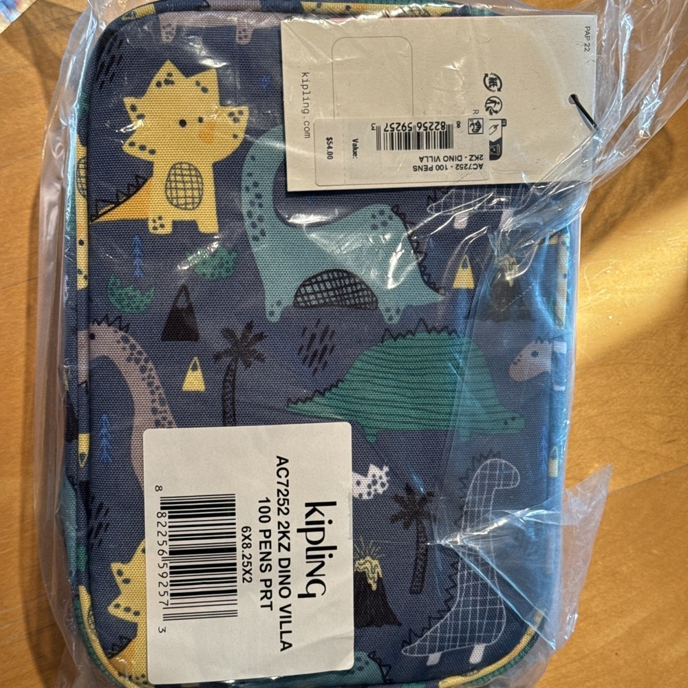 Kipling 100 Pens Case Pencil Accessory Polyester AC7252 Dino Villa Multi NWT $54