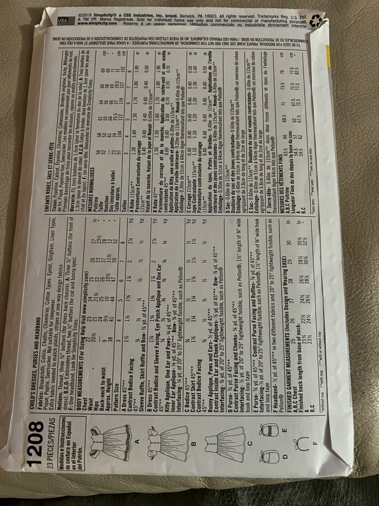 Simplicity #1208 Sewing Patterns/ Child’s Dresses Size 3-8