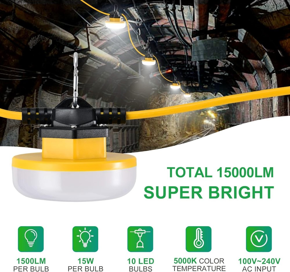 LEDIARY 100FT LED Construction String Lights, 150W 15000LM String Work Light,