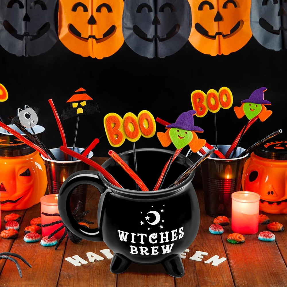 12 Oz Halloween Cauldron Mug Decorations, Black Witches Brew Pattern Mug Ceramic