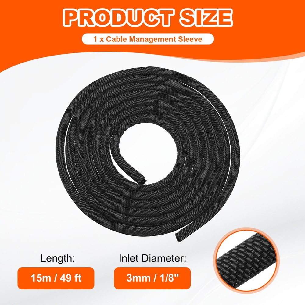 Wire Split Braided Cable Management Sleeve, Black (1/8" - 49 Feet)