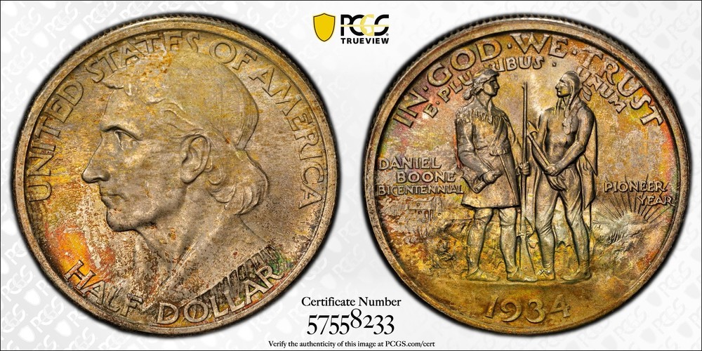 1934 (MS67+ CAC) Boone Commemorative Half Dollar 50C PCGS - PLUS