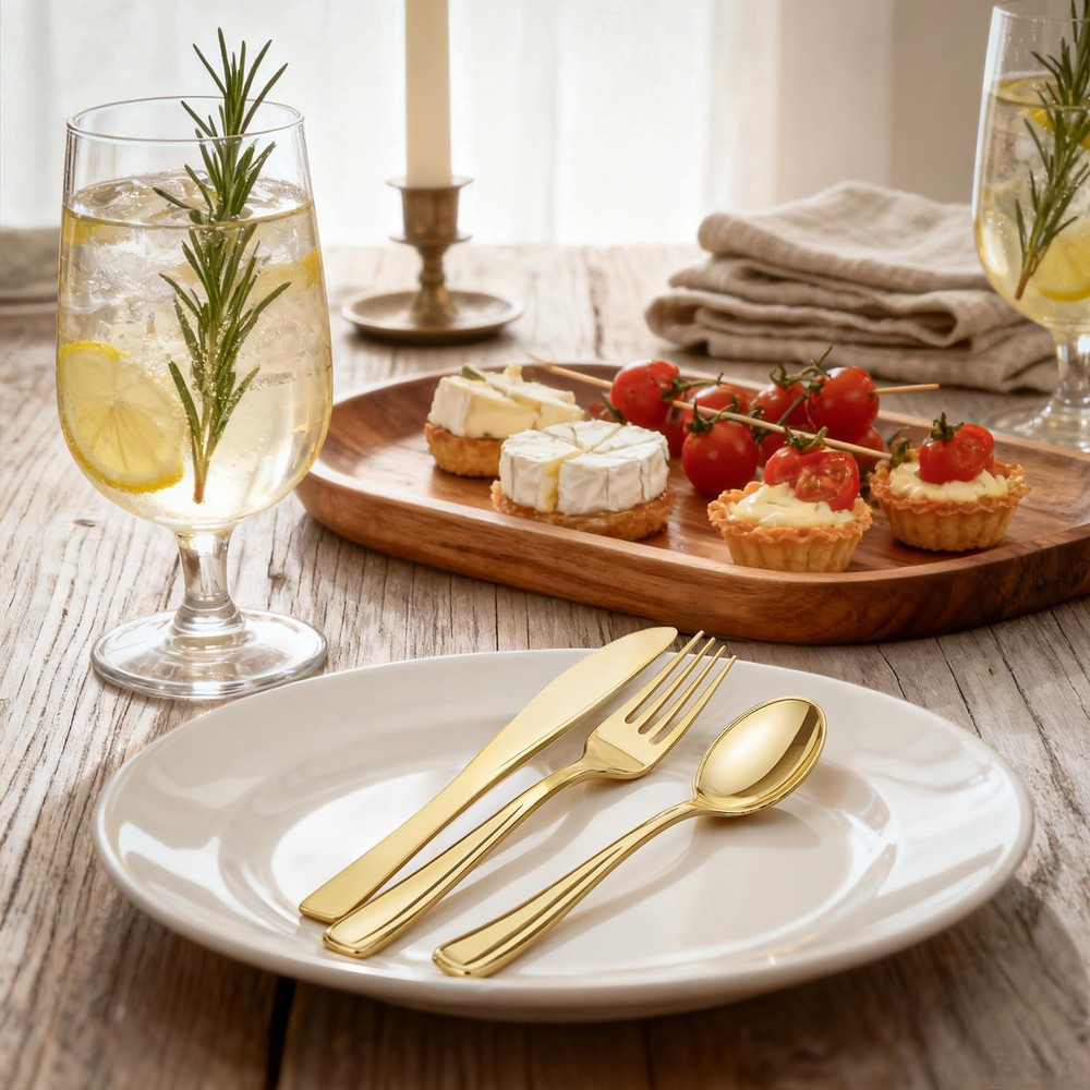120 Pieces Gold Plastic Silverware - Disposable Flatware Set - Heavy Duty Pla...