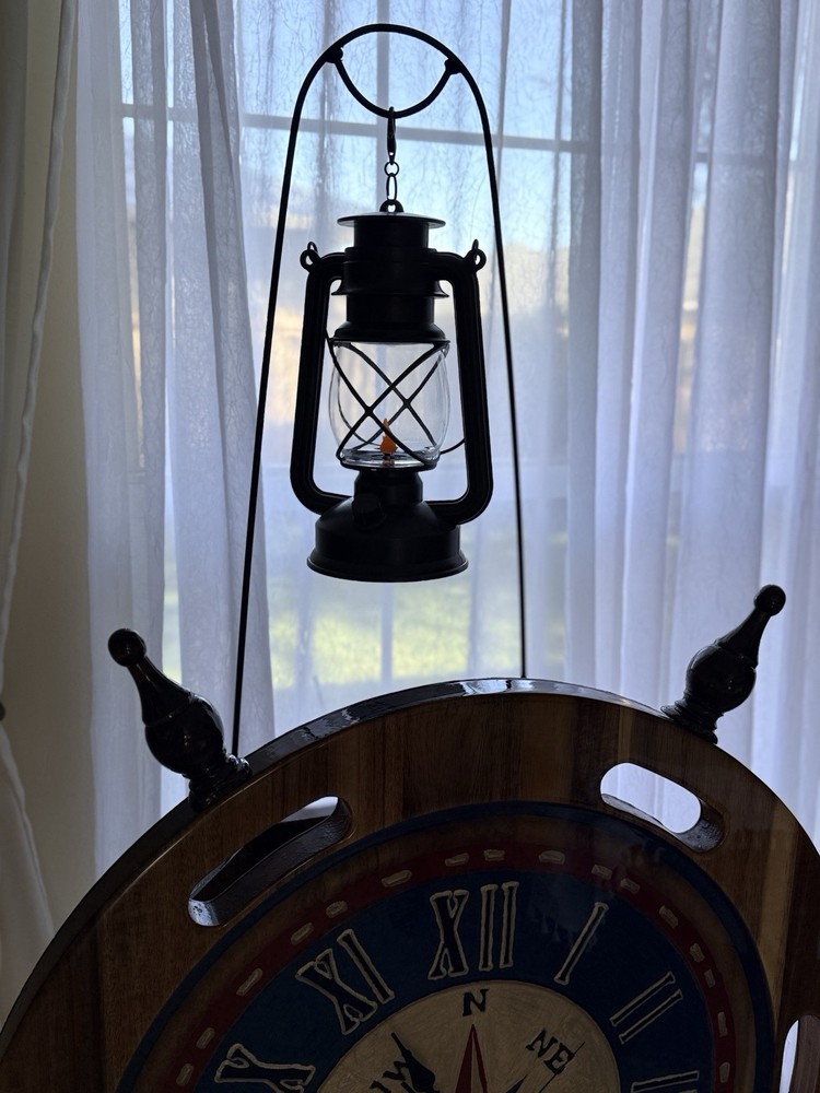 Wooden Nautical Ship Wheel Clock, Compass Clock with Lantern, Coastal Home Decor