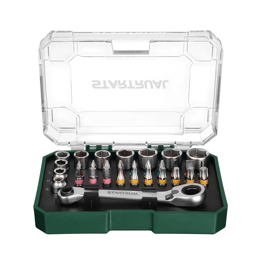 31-Piece 1/4" Mini Ratchet Set, Right Angle Screwdriver, Pass Through Socket, Lo