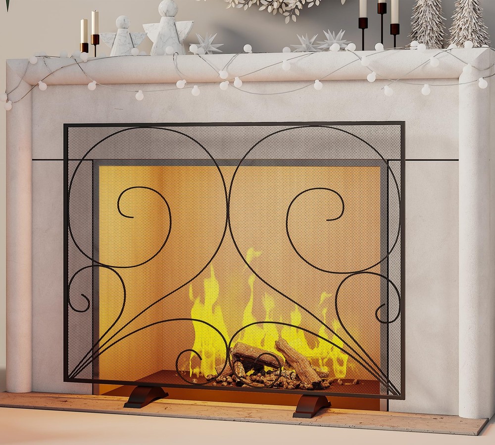 Fire Beauty Single Panel Fireplace Screen Wrought Iron Mesh Guard, H