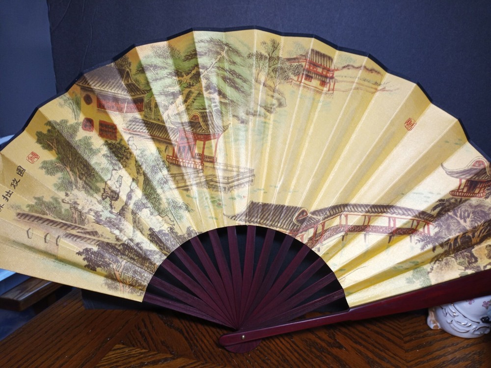 Asian Themed Fan Red Wood Handle