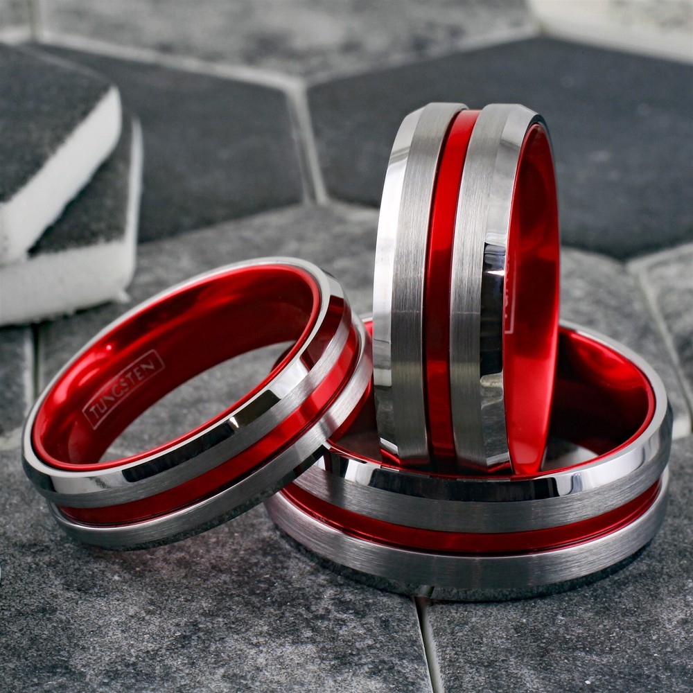 Tungsten Brushed Silver Thin Red Line Band Ring Firefighter First Responder