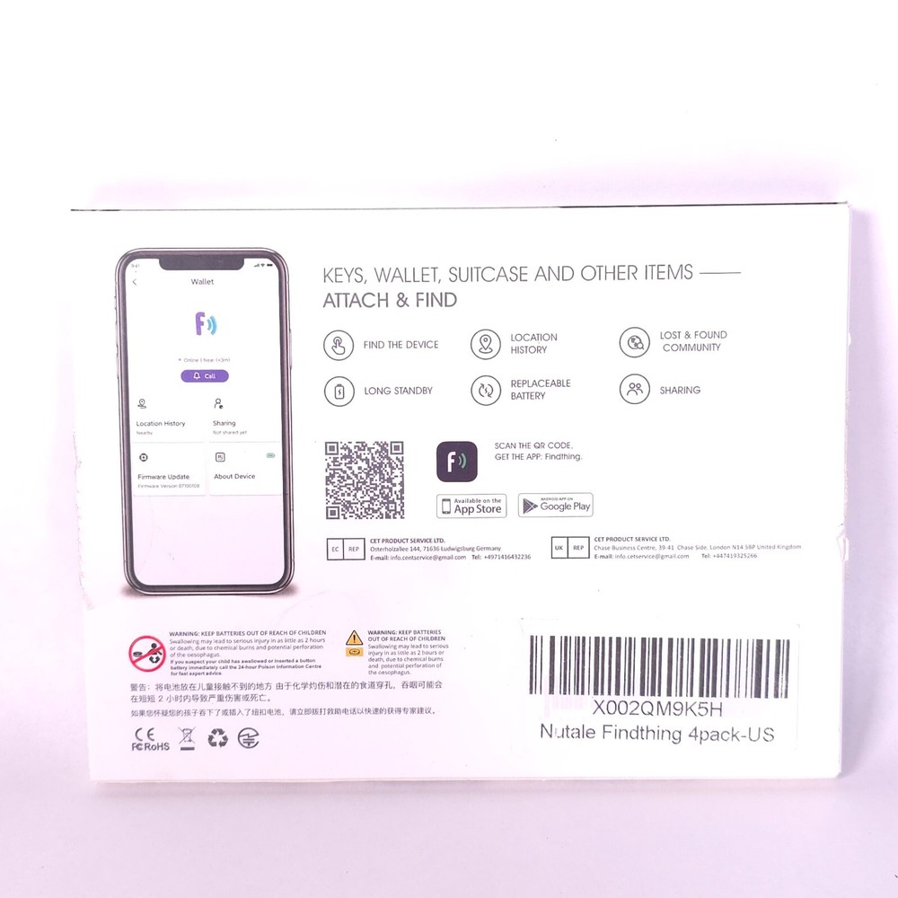 Nutale Findthing- Bluetooth Smart Key Finder 4 Pack - Smart Tracker NEW!