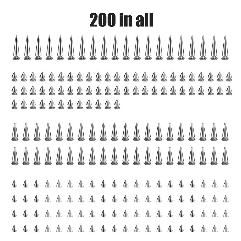200 Sets Silver Cone Spikes Multiple Sizes Screw Back Studs Punk Rock Bullet Riv