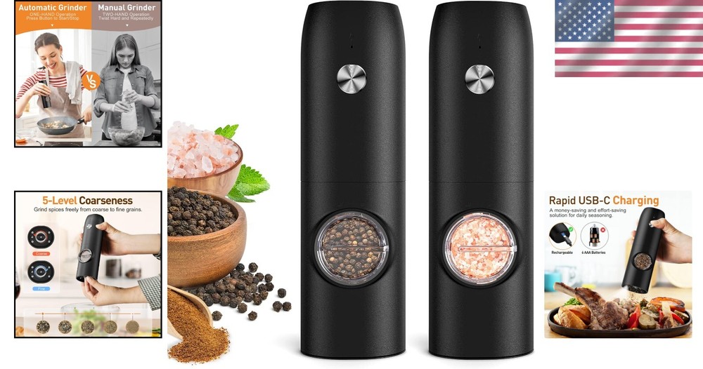 Automatic Salt and Pepper Mills with LED Light & Adjustable Coarseness - 2-Pack