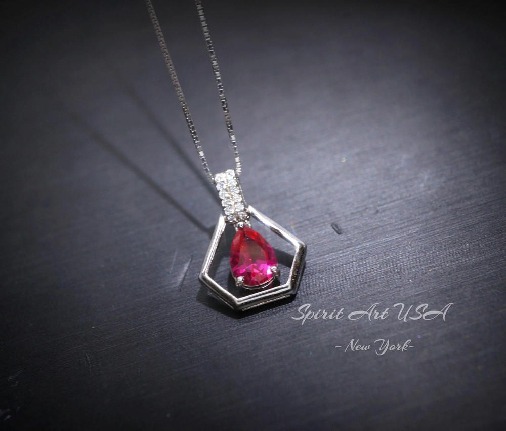 Geometric Red Ruby Necklace - Sterling Silver Triangle Diamond Teardrop Ruby