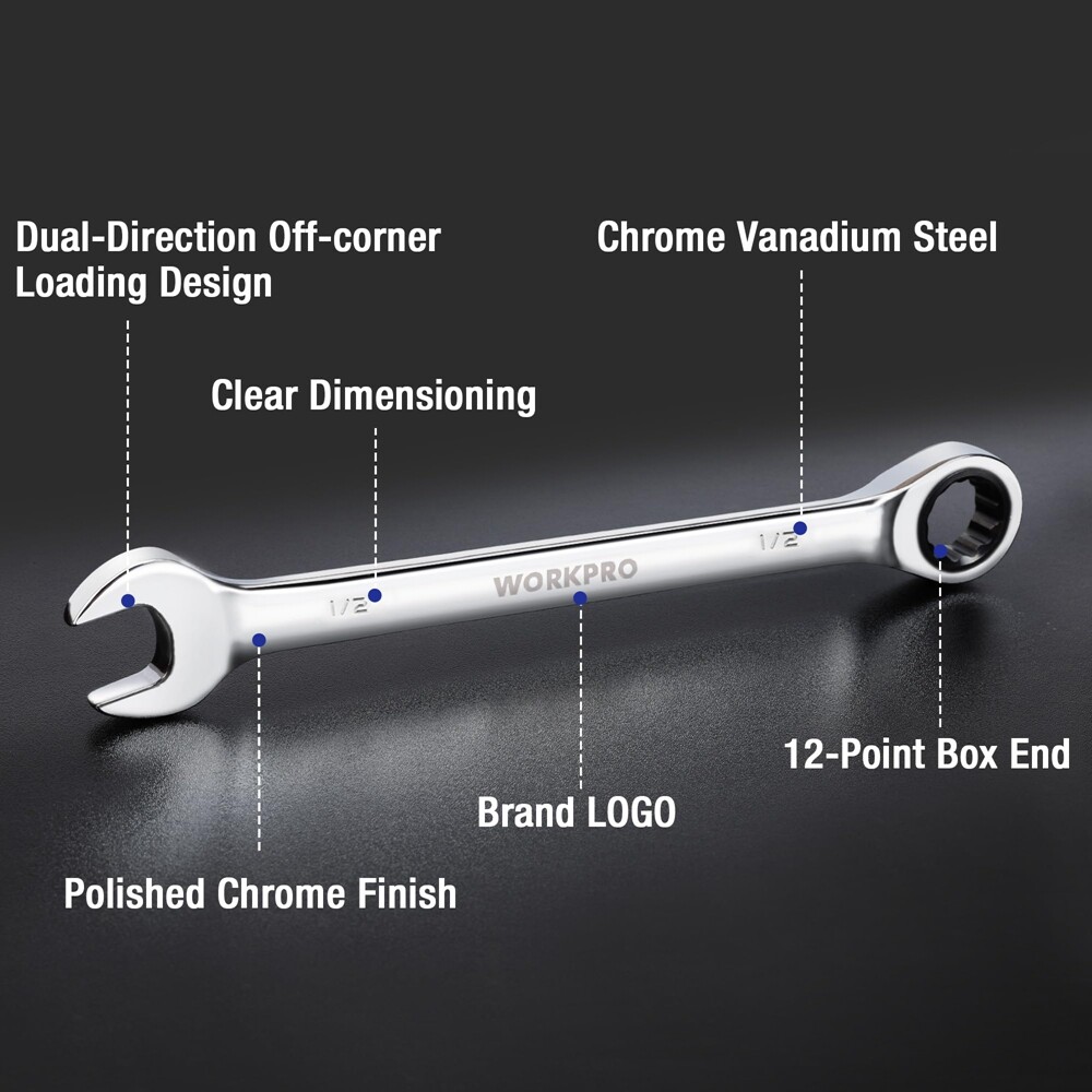 WORKPRO 1/2" Ratcheting Combination Wrench SAE 12-Point Design, 15-Degree Offset