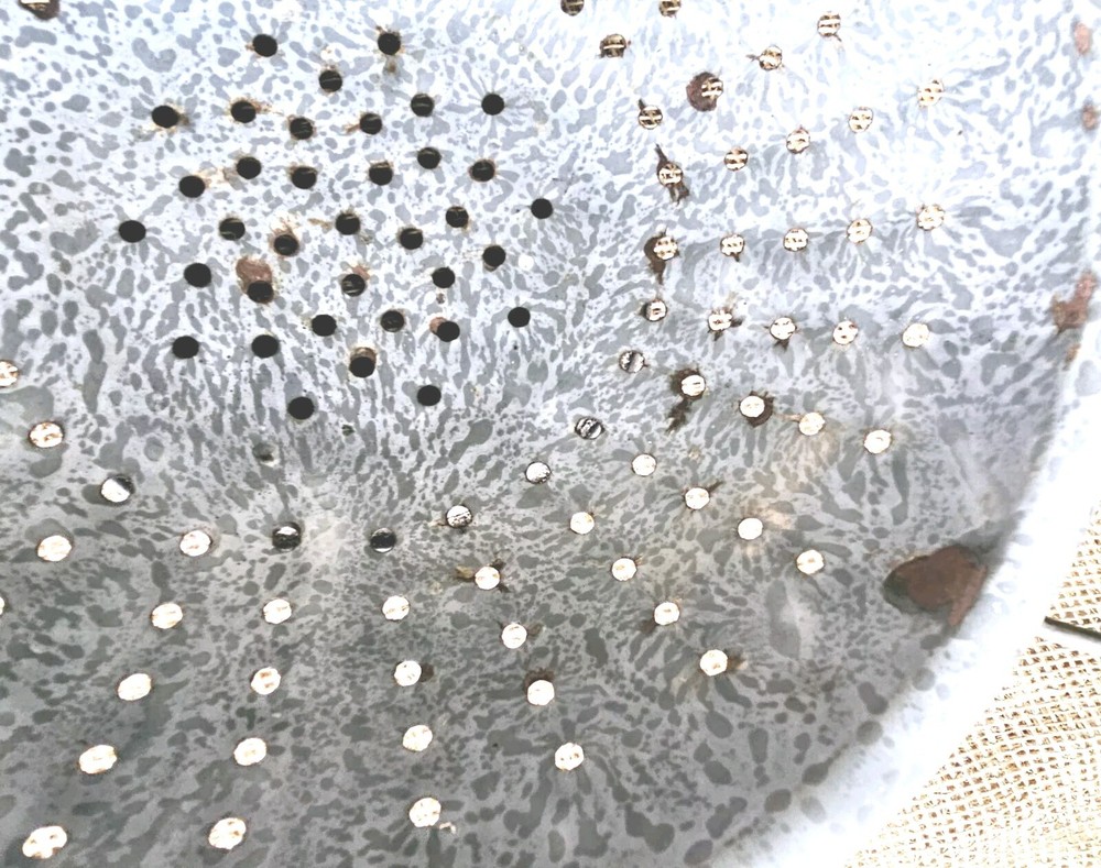 Vintage Enamelware 13" Grey Colander Granite Ware Primitive Strainer Farmhouse