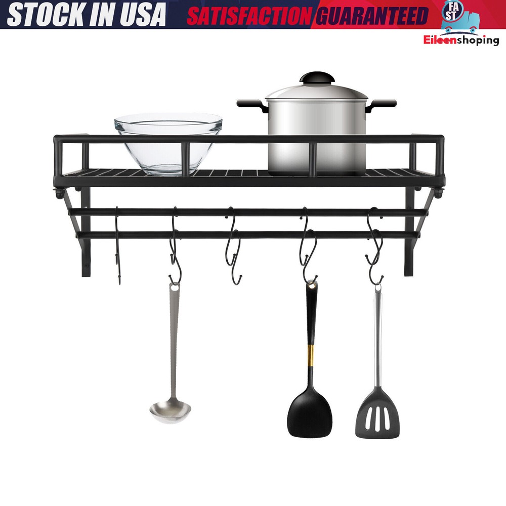 Kitchen Wall Mounted Storage Shelf Cookware Pan Pot Organizer Rack with 10 Hooks