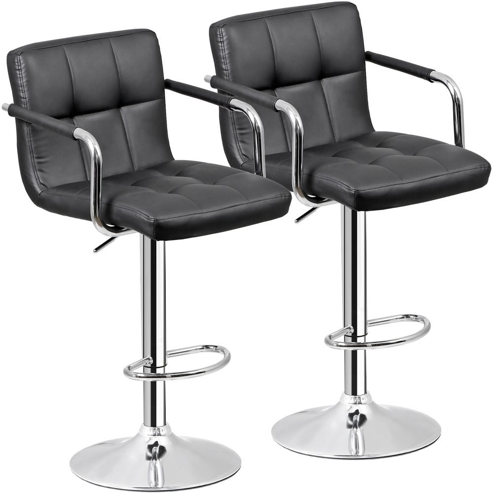 2PCS Adjustable Bar Stools PU Leather Modern Dinning Chair with Armrest Black