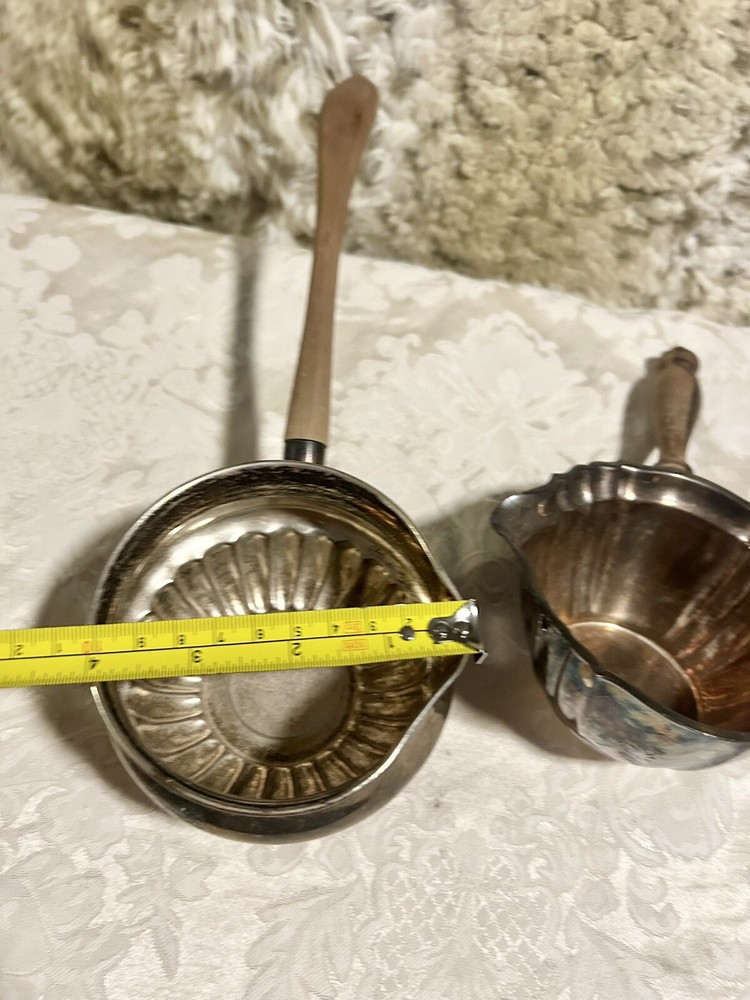 2 Silver Plated Sauce Bowl Pourer with Wood Handle Lot 2PC