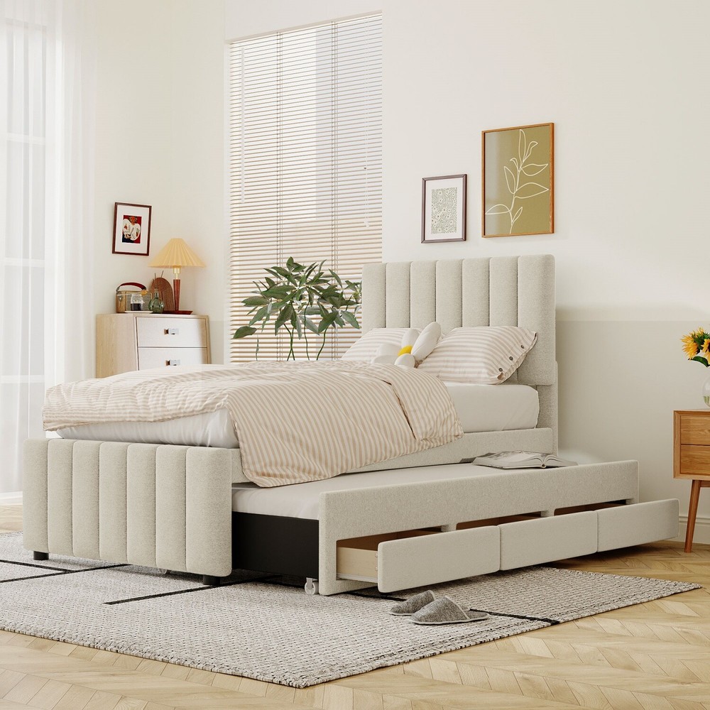 Twin Size Bed Frame Upholstered Platform Bed w/ Pull Out Trundle & 3 Drawers