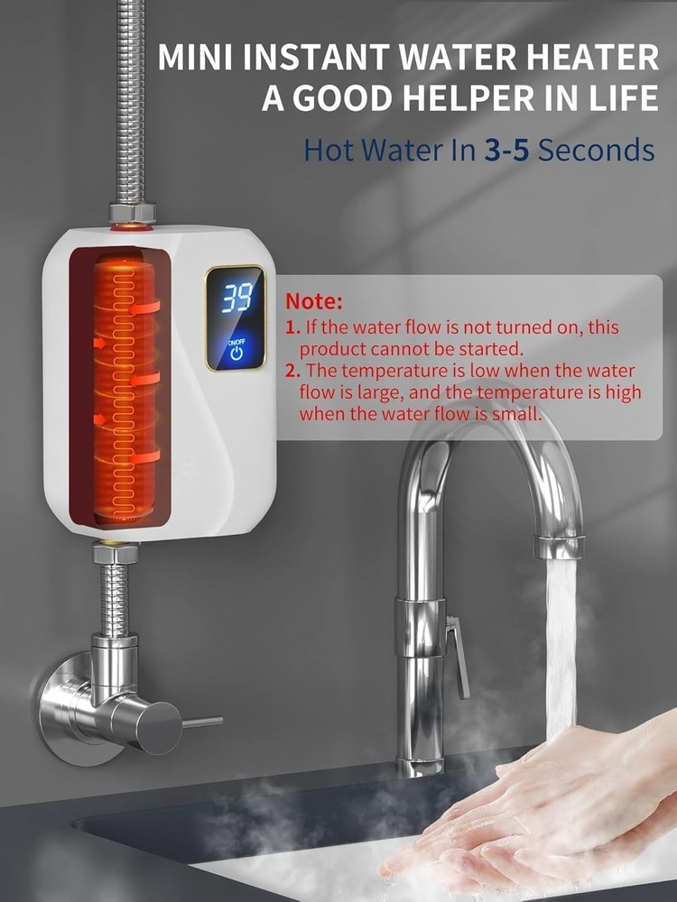 Tankless Electric Water Heater 110V 3000W, Instant Hot Water System with LED ...