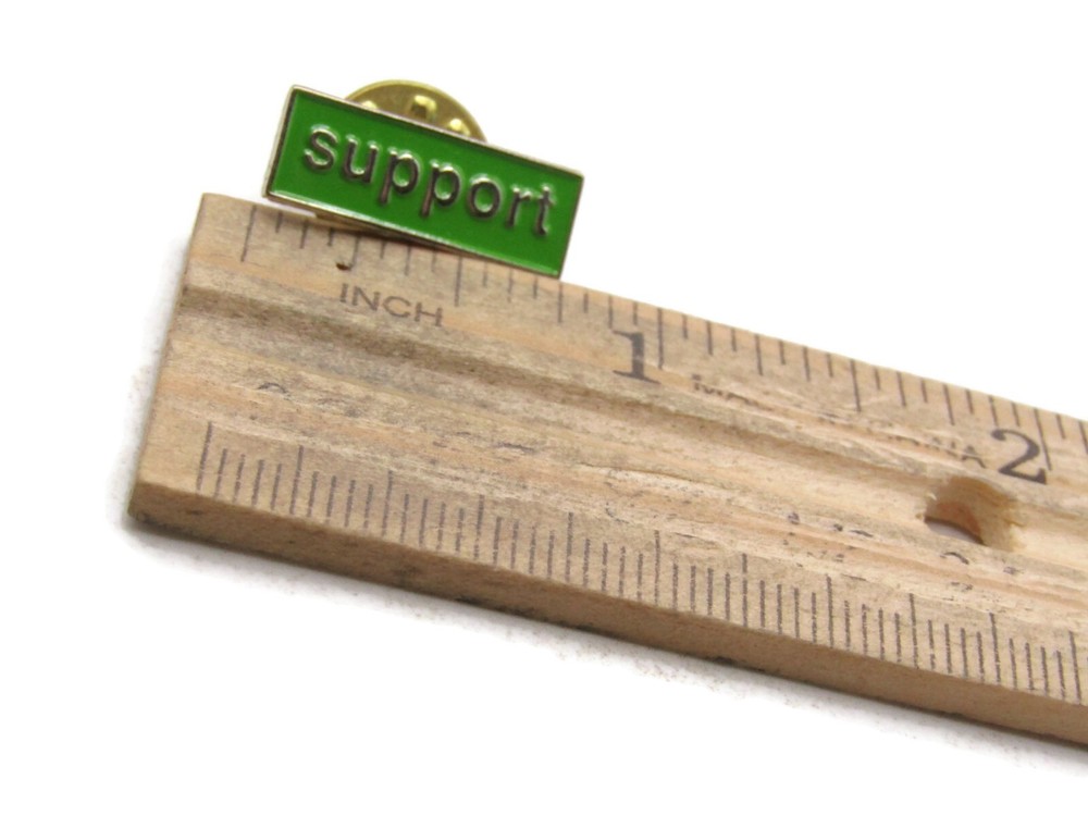 "Support" Green Enamel Lapel Pin Rectangular Bar Silver Tone Metal Hat Pinback