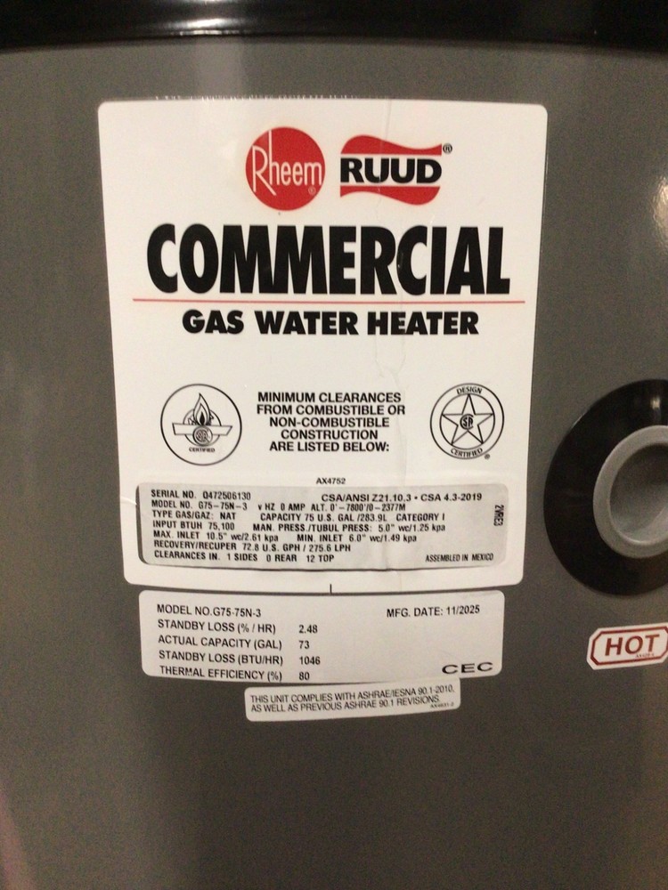 RHEEM Rudd G75-75N-3 75 Gallon Commercial Gas Water Heater 75K Natural Gas NEW