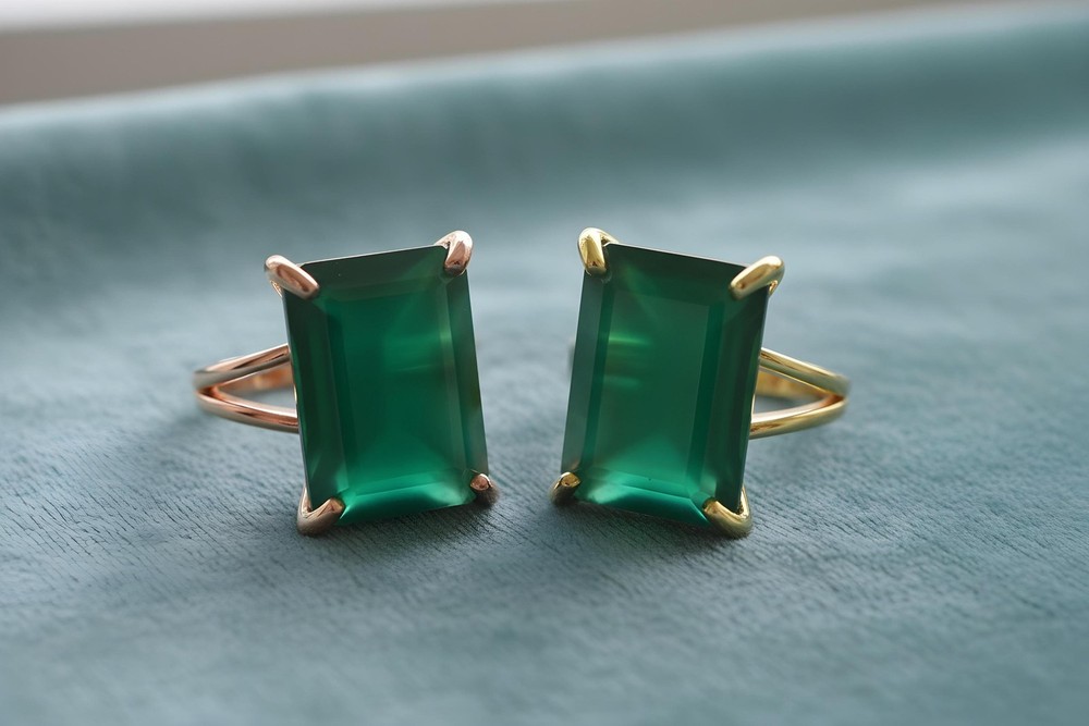 Green Onyx Ring Anemone Jewelry Silver Rectangle Long Statement Ring