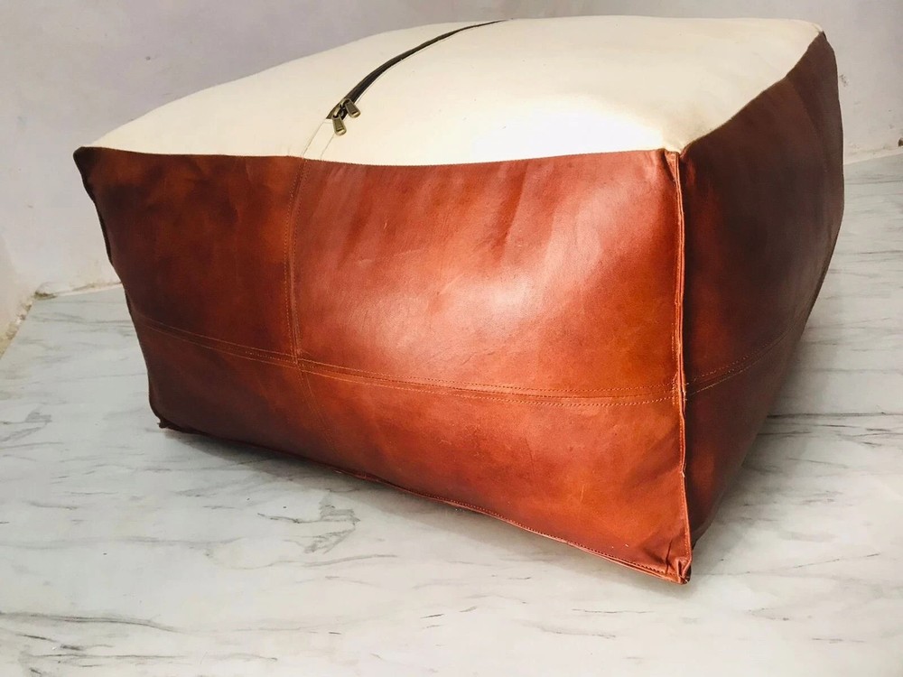 Handcrafted Brown Leather Pouffe Square Ottoman Morrocan 30'' New Unstuffe
