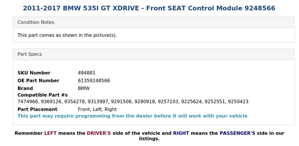2011-2017 BMW 535I GT XDRIVE - Front SEAT Control Module 9248566
