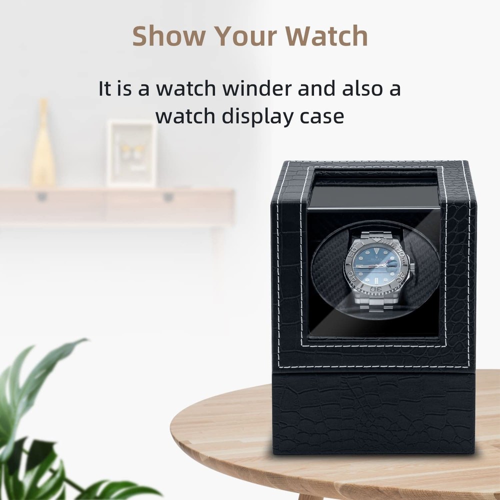 Mcbazel Single Watch Winder, Ultra Quiet Black with Crocodile Pattern